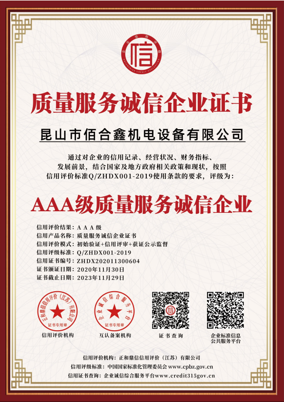 質量服務誠信企業證書